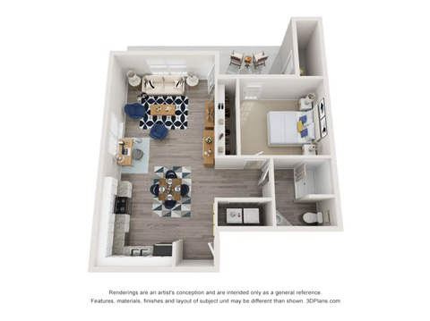 A 3D floor plan of a house with a kitchen, living room, dining room, and two bedrooms.